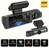Car dashboard camera with dual lenses and features displayed on a white background