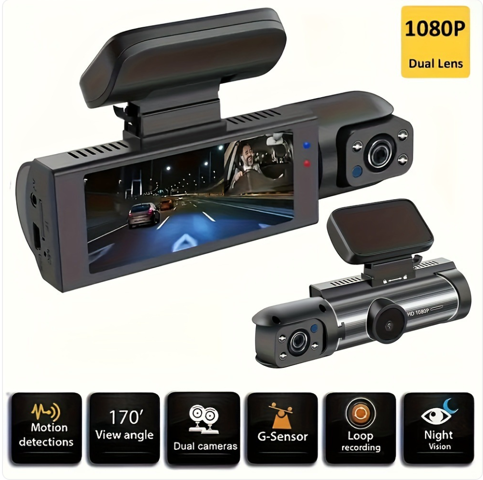 Car dashboard camera with dual lenses and features displayed on a white background