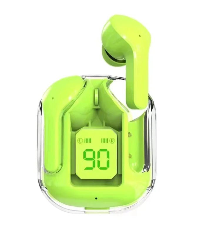Green wireless earbuds with charging case on a white background